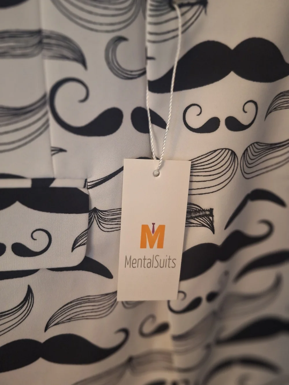 Men's White MentalSuits Suit with Black Mustache Print, Tie Included, Size